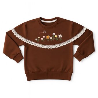 سویشرت بچگانه قهوه‌ای و شیری رنگ با گل‌دوزی رنگی و گیپور سفید | گرم و شاد