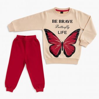 ست لباس بچه‌گانه دخترانه طرح پروانه BE BRAVE شامل سویشرت کرم و شلوار قرمز