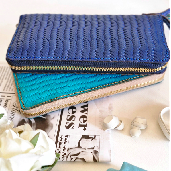 کیف پول دور زیپ چرم طبیعی گاوی مدل حصیری زنانه