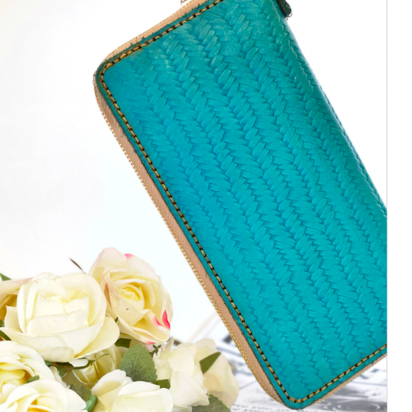 کیف پول دور زیپ چرم طبیعی گاوی مدل حصیری زنانه