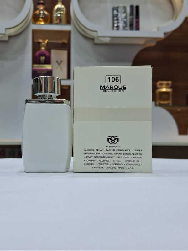 ادکلن مردانه لالیک سفید فراگرنس ورد مارکویی کالکشن کد 106 (Fragrance World Marque Lalique White)
