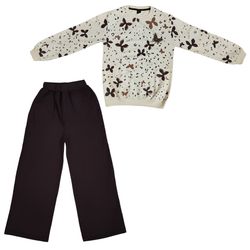 - "ست لباس راحتی دخترانه با سویشرت کرم و شلوار قهوه‌ای گشاد"