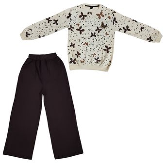 - "ست لباس راحتی دخترانه با سویشرت کرم و شلوار قهوه‌ای گشاد"