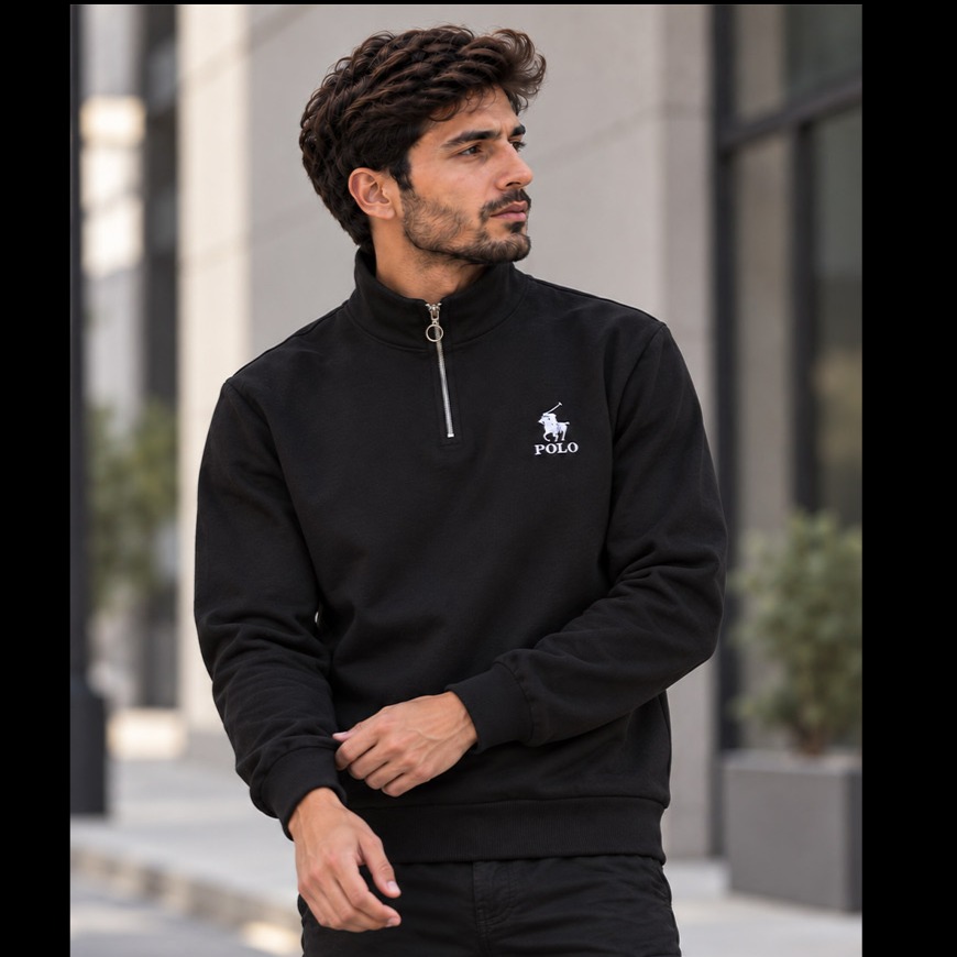 6605سویشرت نیم‌زیپ مدل POLO (مشکی)؛ استایل کژوال و شیک
