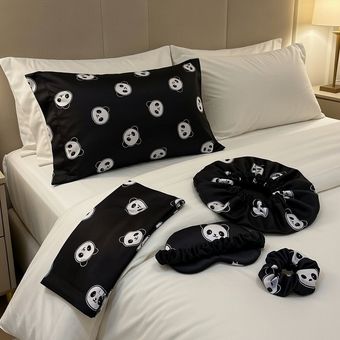 پک ساتن روبالشی کلاه خواب چشمبند اسکرانچی جنس ال ایکس وارداتی طرح پاندا