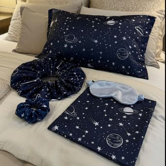 پک ساتن روبالشی کلاه خواب چشمبند اسکرانچی جنس ال ایکس وارداتی طرح فضانورد