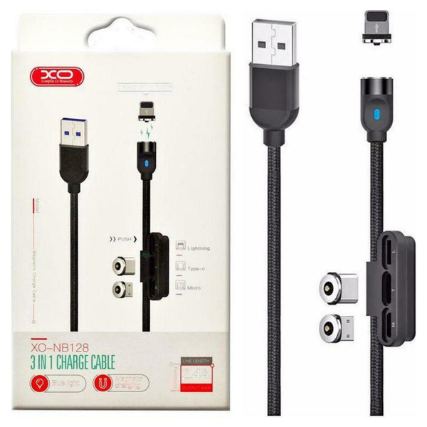 کابل شارژ مغناطیسی سه سر XO مدل NB128 | نور آبی + خروجی 2.4 آمپر