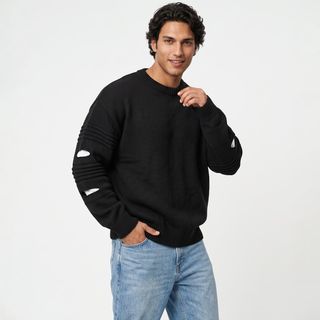 583بافت یقه گرد مردانه لش ساده پشم پلی‌استر مشکی – استایل آزاد، فری سایز مناسب L و XL
