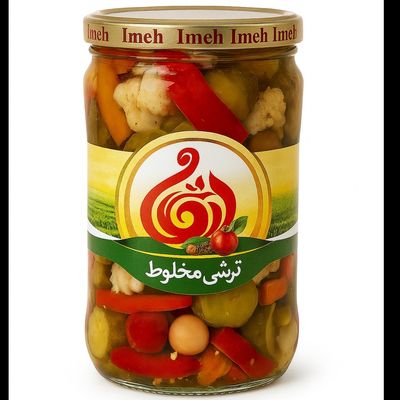 ترشی مخلوط درشت شیشه ای ایمان-810گرم-باکس6و12عددی
