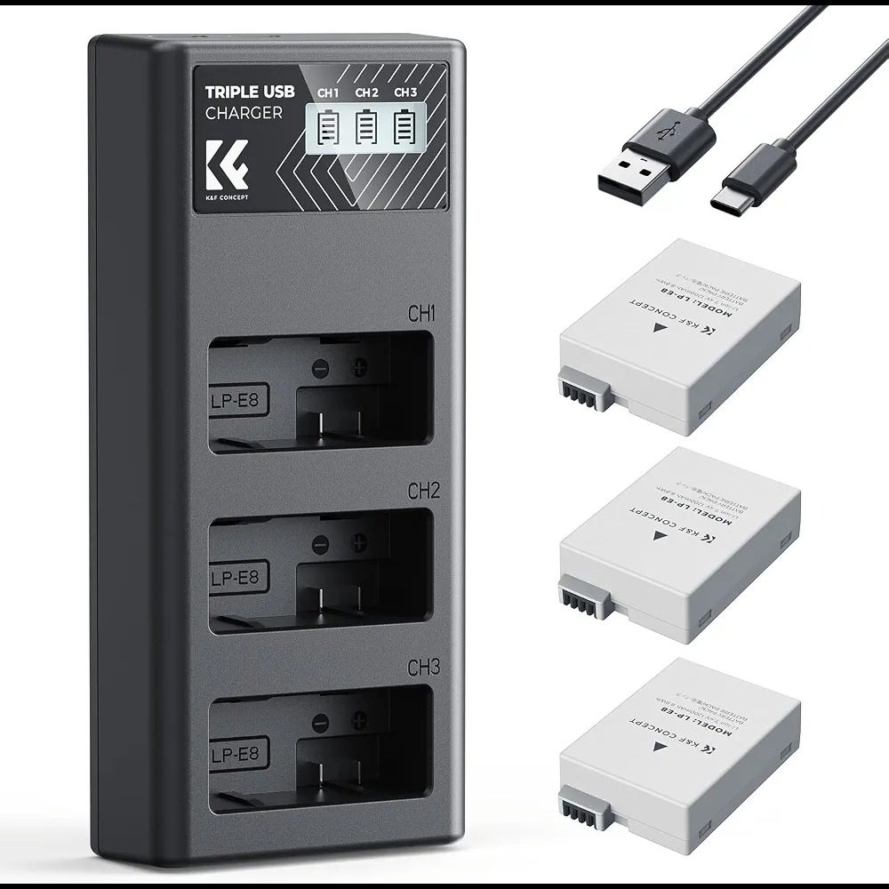 K&F CONCEPT LP-E8 Battery and LCD Charger – کیت 3 عددی باتری و شارژر LCD