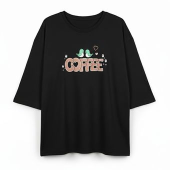 تیشرت لانگ زنانه نخ پنبه طرح Coffee فری‌سایز (40 تا 52) مدل آستین کیمونو مشکی