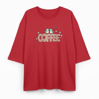 تیشرت لانگ زنانه نخ پنبه طرح Coffee فری‌سایز (40 تا 52) مدل آستین کیمونو قرمز