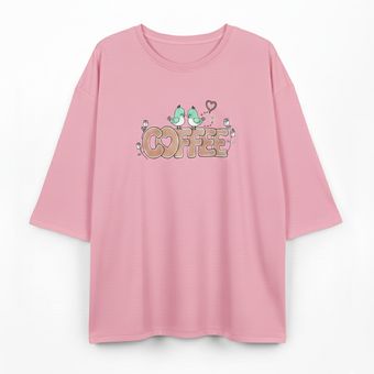تیشرت لانگ زنانه نخ پنبه طرح Coffee فری‌سایز (40 تا 52) مدل آستین کیمونو صورتی