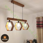 لوستر سقفی چوبی خاص 3 شعله خطی طرح هگزاگون