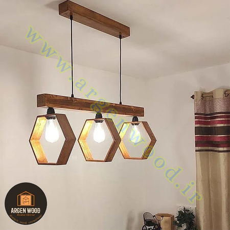 لوستر سقفی چوبی خاص 3 شعله خطی طرح هگزاگون