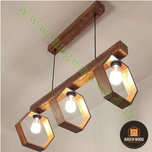 لوستر سقفی چوبی خاص 3 شعله خطی طرح هگزاگون