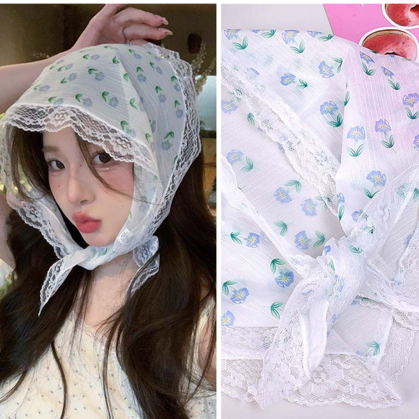 مینی اسکارف سه گوشه دور گیپور با گل های آبی