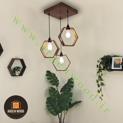 لوستر سقفی چوبی خاص 3 شعله نامنظم طرح هگزااگون
