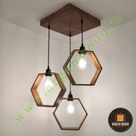 لوستر سقفی چوبی خاص 3 شعله نامنظم طرح هگزااگون