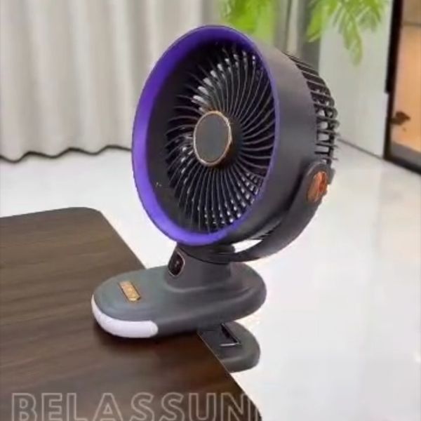پنکه شارژی رومیزی و گیره‌ای S6 | چرخش 360 درجه، 5 سرعته، تایمر و چراغ LED