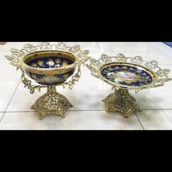 ست پذیرایی آجیل خوری میوه خوری برنزی مدل گل رز پایه توری ظرف سرمه ای