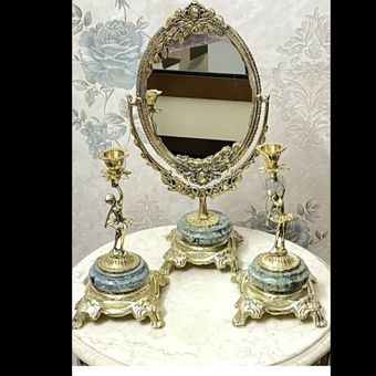 آینه شمعدان برنزی سفره هفت سین سایز بزرگ مدل بالرین با سنگ سبز