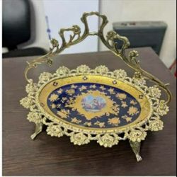 شیرینی خوری برنزی مدل گل رز دسته سبدی با ظرف سرمه ای