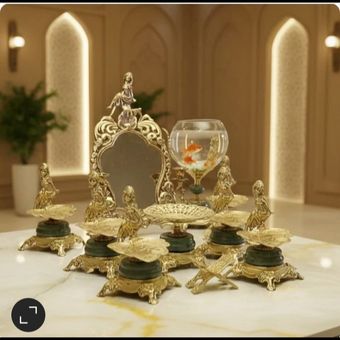 هفت سین برنزی مدل برگ کاجی پایه سنگ سبز با تنگ