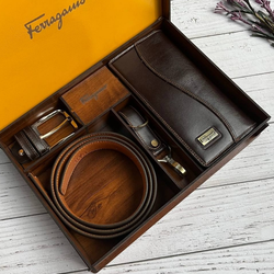 ست چرم طبیعی برند Ferragamo رنگ قهوه ای تیره