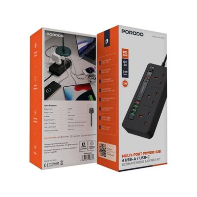 چندراهی برق و هاب شارژ هوشمند پرودو Porodo مدل PD-FWCH013 با کابل 2 متری و تایمر دیجیتال، 3 پریز و 5 پورت USB
