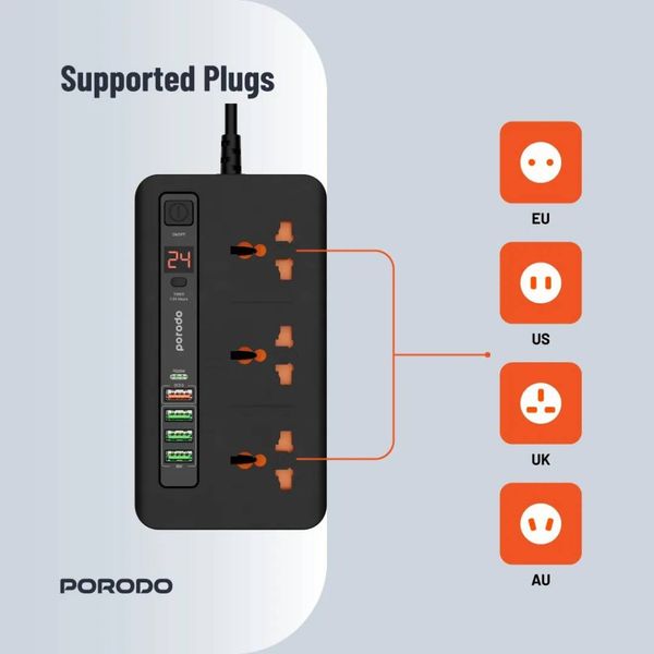 چندراهی برق و هاب شارژ هوشمند پرودو Porodo مدل PD-FWCH013 با کابل 2 متری و تایمر دیجیتال، 3 پریز و 5 پورت USB