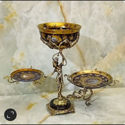 سه کاره میوه خوری شیرینی خوری شکلات خوری مدل بانو با سنگ مشکی و ظرف سرمه ای