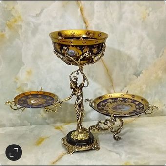 سه کاره میوه خوری شیرینی خوری شکلات خوری مدل بانو با سنگ مشکی و ظرف سرمه ای
