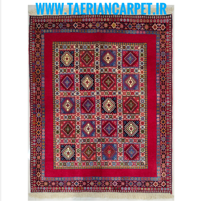 فرش دستباف سایز قالیچه خشتی (تمام پشم یلمه زمینه دور خلوت لاکی)