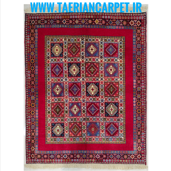 فرش دستباف سایز قالیچه خشتی (تمام پشم یلمه زمینه دور خلوت لاکی)