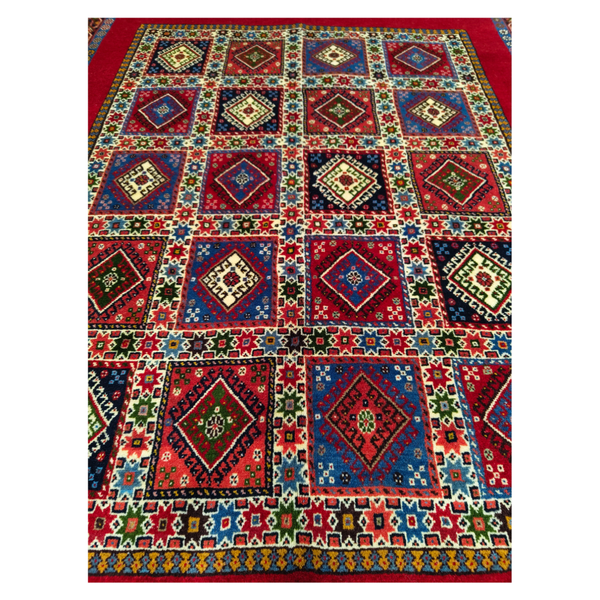 فرش دستباف سایز قالیچه خشتی (تمام پشم یلمه زمینه دور خلوت لاکی)