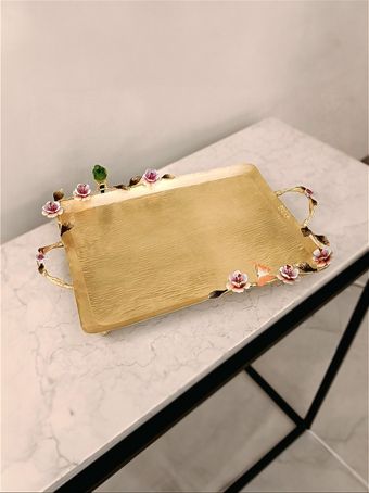 سینی دسته دار مستطیل بزرگ برنجی دکوراتیو