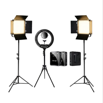 کیت تولید محتوای ویدیوی مدل AKT360  شامل رینگ لایت و نور فلات شیدر دار و میکروفون