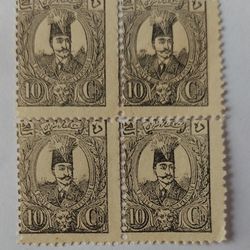 بلوک 4 عددی تمبر ناصرالدین شاه – 10 شاهی قاجار (بدون مهر، کیفیت عالی)