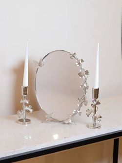 آینه شمعدان برنجی | مدل دل آذین کوچک نقره ای