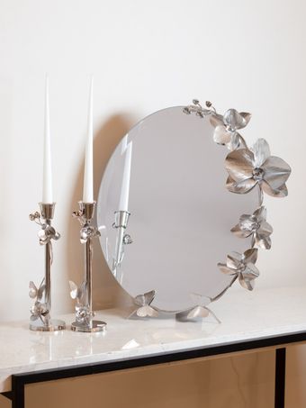 آینه شمعدان برنجی | مدل ارکیده بیضی آبکاری