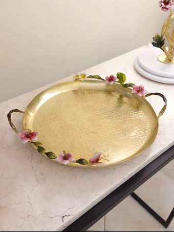 سینی دسته دار دایره کوچک برنجی دکوراتیو | مدل 4