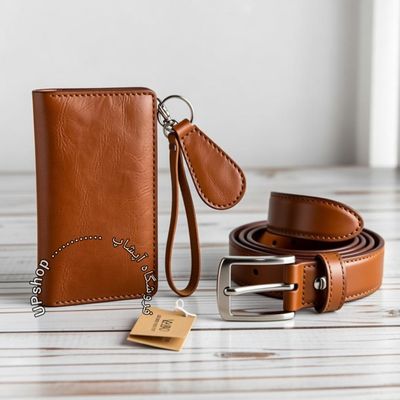کیف و کمربند چرمی پشت چرم سوگو درجه یک، سگک استیل، دوخت عالی با بند و جاکلیدی چرم  مناسب هدیه