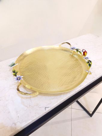 سینی دسته دار برنجی | مدل دایره بزرگ دکوراتیو