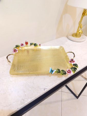 سینی دسته دار مستطیل بزرگ برنجی دکوراتیو