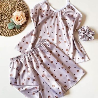 تاپ و شورتک ساتن طرح نسکافه خرس ریز فری سایز تا 46