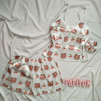 تاپ و شورتک و اسکرانچی ساتن طرح تدی فری سایز تا 42