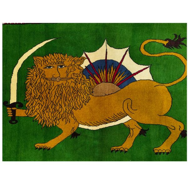 فرش دستباف سایز ذرع و نیم شیر و خورشید (تمام پشم یلمه زمینه سبز ) کد 6083