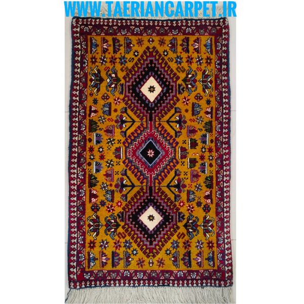 فرش دستباف سایز پادری یا پشتی زمینه زرد طلایی (تمام پشم یلمه طرح حوضی) کد 6184