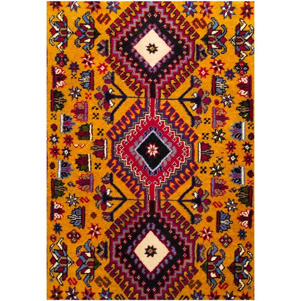 فرش دستباف سایز پادری یا پشتی زمینه زرد طلایی (تمام پشم یلمه طرح حوضی) کد 6184